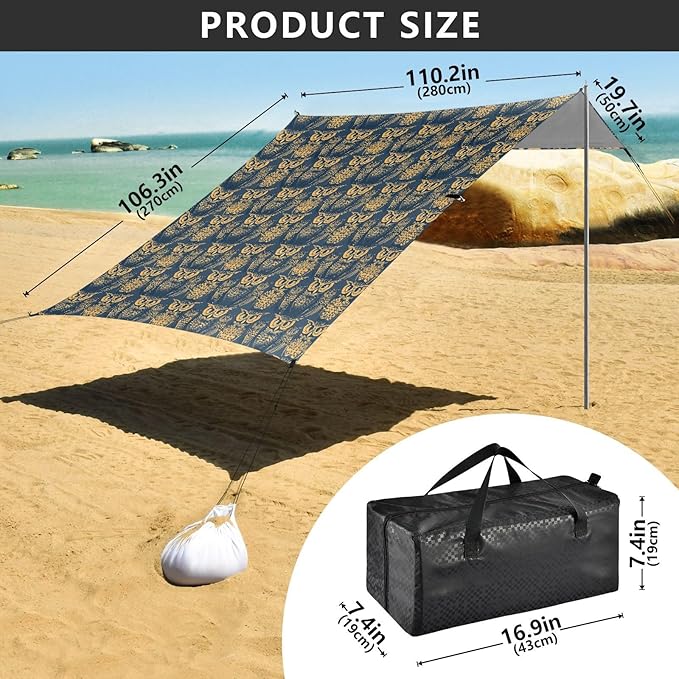 ALAZA Owl Print Vintage Beach Tent Sun Shelter UPF50+ Protection Beach Shade Canopy w/ 4 Sandbags for Outdoor Camping Fishing Backyard Fun Picnic 10x9 ft