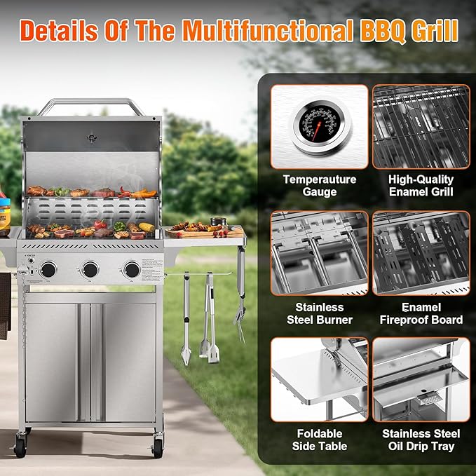 Electactic G31 Gas Grill 3-Burner Gas Grill with Folding Side TablesStainless Steel 24000 BTU BBQ GrillOutdoor Propane Grill for BarbecuePatioCamping