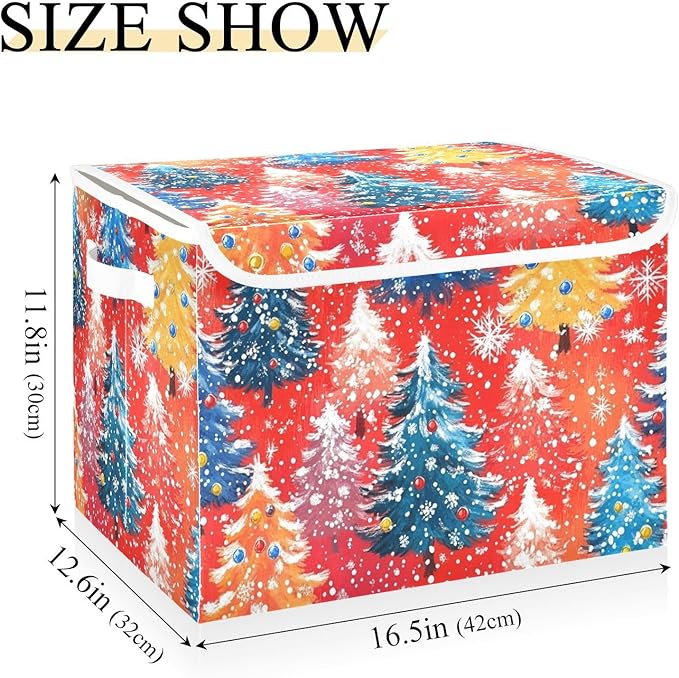Vivid Red Christmas Trees Storage Box with Lid 1 PC Foldable Storage Bin with Lids Stackable Storage Bins Cube Closet Organizer Basket with Flip-Top Lid &amp Handles for Shoes Books Towels
