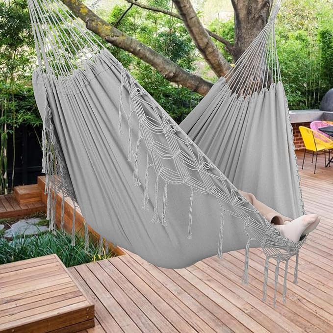 Double Boho Macrame Hammock with Elegant Tassels for Patio Yard Beach Wedding Decor Outdoor and Indoor Up to 450lbs Include Tie Ropes and Drawstring Bag