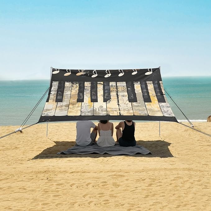 ALAZA Grunge Musical Piano Keyboard Black Beach Tent Sun Shelter Portable Canopy Sunshade for Outdoor Camping Picnics Backyard Fun 10x9 ft