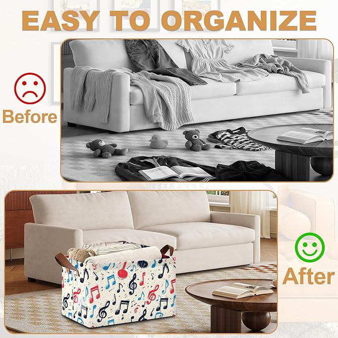 32L Large Storage Bins with Handles Basket Organizer for Shelves Closet Books Laundry &amp Home Decor (Musical Note)