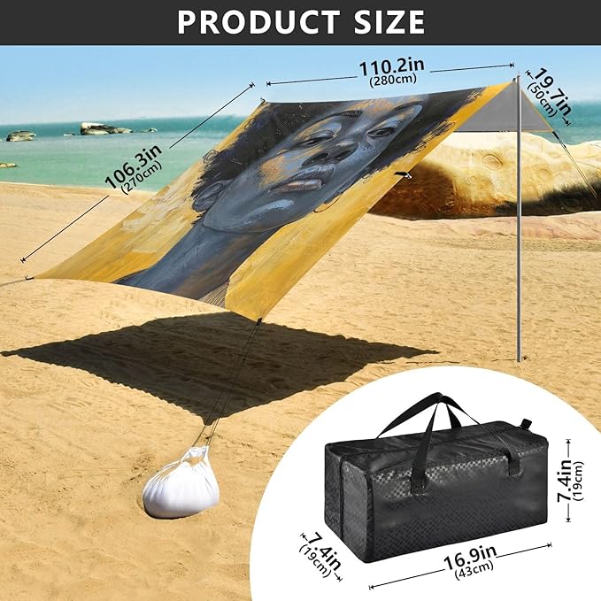 ALAZA African American Painting Beach Tent Sun Shelter UPF50+ Protection Beach Shade Canopy w/ 4 Sandbags for Outdoor Camping Fishing Backyard Fun Picnic 10x9 ft