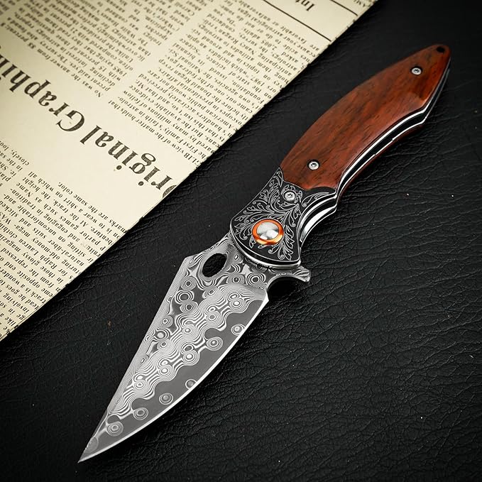 Zingbee Damascus Pocket Knife 3.27” Damascus Blade EDC Folding Knives with Guibourtia Wooden Handle Christmas Ideal for Utility Gift