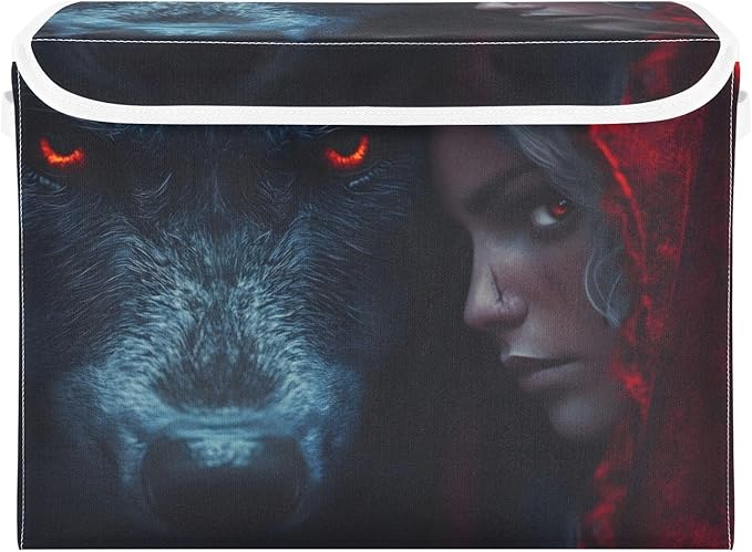 Storage Cube with Lid Wolf and Red Print 16.5×12.6×11.8 IN Collapsible Large Capacity Foldable Storage Basket Bin Organizer