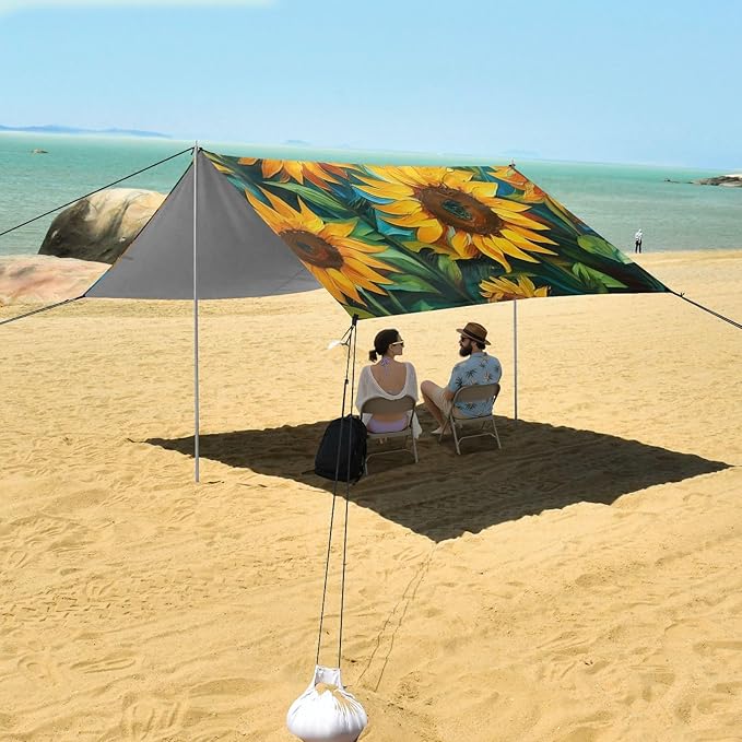 Beach Canopy with Windproof Ropes &amp Sandbags Beach Tent Sun Shade Sun Shelter for Camping Trips Fishing Backyard Fun or Picnics Sunflowers