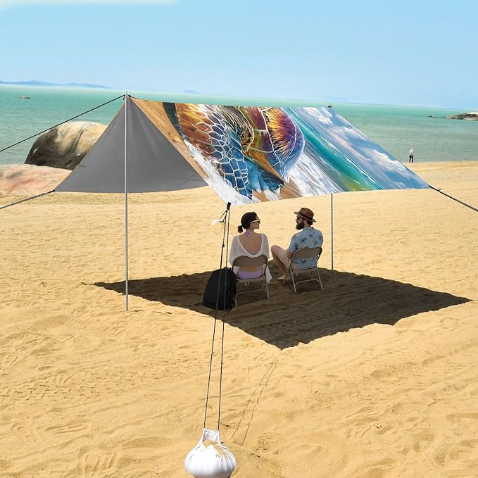 ALAZA Sea Turtle Palm Beach Beach Tent Sun Shelter UPF50+ Protection Beach Shade Canopy w/ 4 Sandbags for Outdoor Camping Fishing Backyard Fun Picnic 10x9 ft
