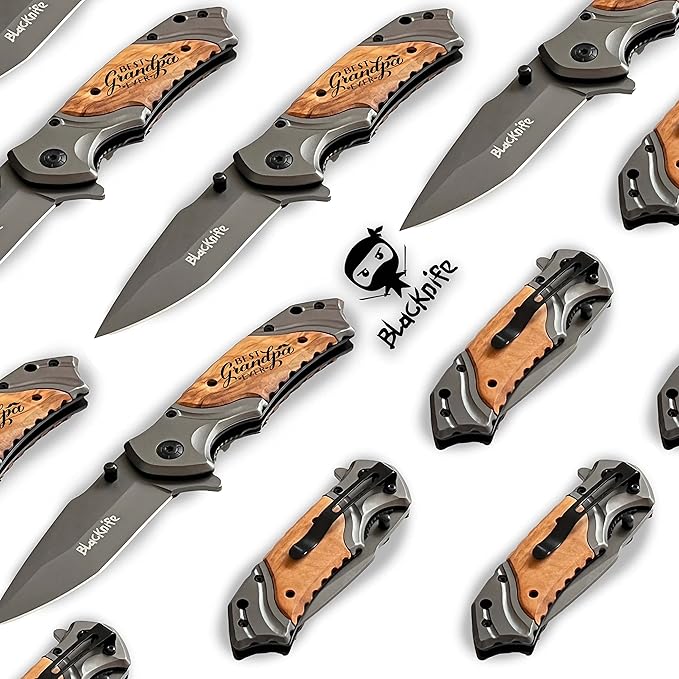 BlacKnife Folding Pocket Knife with Wooden Handle and Clip – Ideal Knife for Camping Hunting DIY (Best Grandpa Ever)