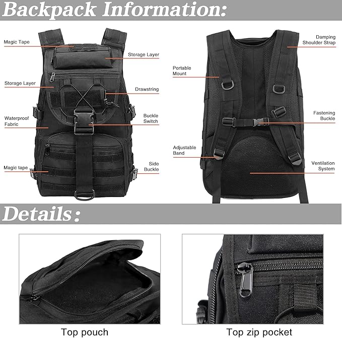 LIMHOO Military Tactical Backpack for Men Women 35L Hiking Trekking Rucksack 3 Day Molle Assault Pack (Black)