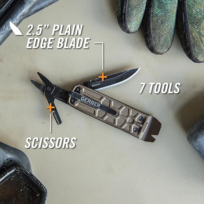 Gerber Gear Lockdown Slim Pry 7-in-1 Keychain Multitool Compact EDC Mini Pocket Knife with Pry Bar Burnt Bronze