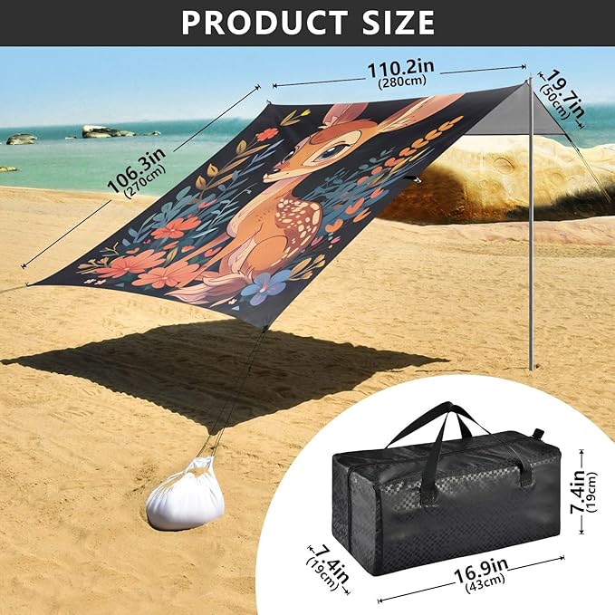 ALAZA Cute Deer with Awesome Flowers Cartoon -Seed 1713421452 Beach Tent Sun Shelter Portable Canopy Sunshade for Outdoor Camping Picnics Backyard Fun 10x9 ft