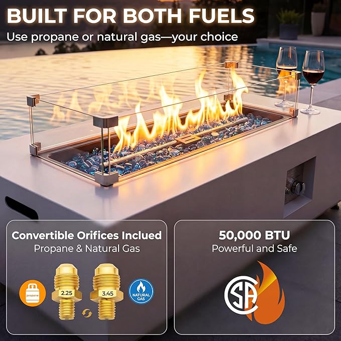 RADIATA 42” Rectangle Propane/Natural Gas Fire Pit for Outside Patio Elegant Minimalist Lowprofile Firepit Table with Tank Table Long Large 50000BTU Durable Sturdy Fireplace for Outside Urban White