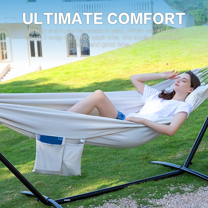 PNAEUT Double Hammocks with Stand for Outside Portable Space Saving Heavy-Duty Steel Stand for Indoor Outdoor Patio with Carrying Bag 450 lbs Capacity (Beige)