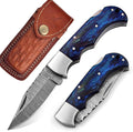 Pocket Knife 2.92 Drop Point Damascus Steel Blade Folding Knife with Blue &amp Black Wood Handle Back Lock EDC Knives with for Men Women GK-751 (Blue)