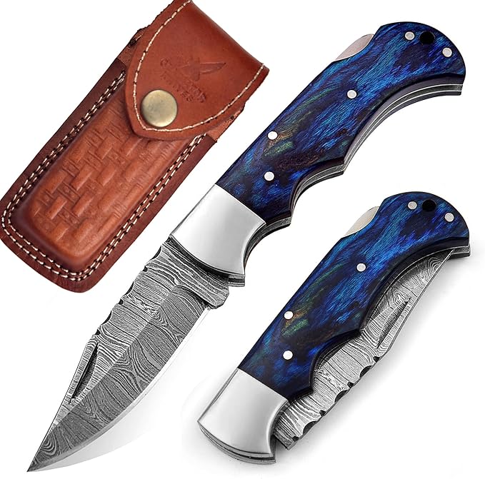 Pocket Knife 2.92 Drop Point Damascus Steel Blade Folding Knife with Blue &amp Black Wood Handle Back Lock EDC Knives with for Men Women GK-751 (Blue)