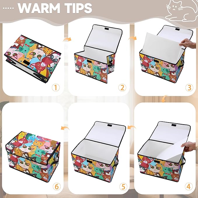 Stackable Clothes Storage Bins with LidsCloset Organizers Fabric Cat Printing Box for Home and OfficeBlanket Clothes OrganizersUnder Bed Storage Containers 3 Pack.