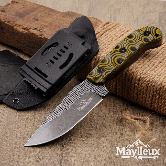 Fixed Blade Knife with Sheath 1095 Steel Outdoor Survival Hunting Tools Camping G10 Handle EDC (Yellow Style 1)