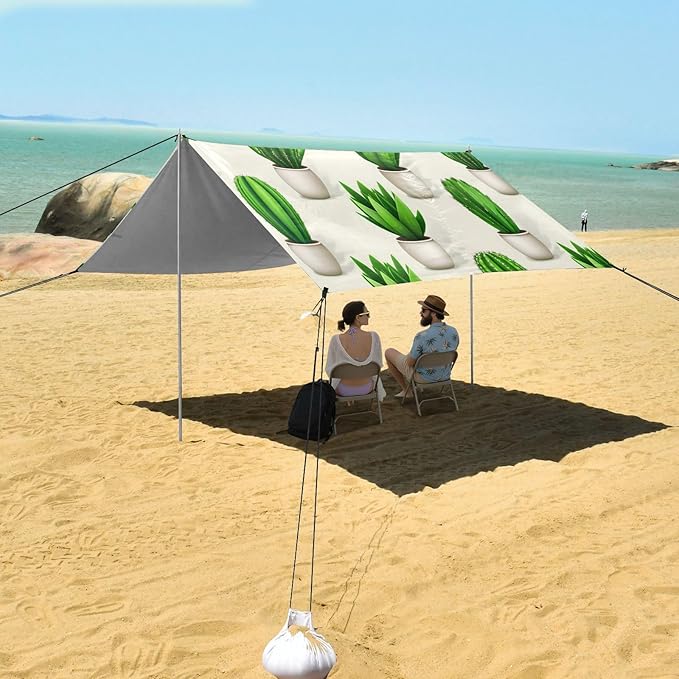 xigua Cactus Beach Tent Sun Shelter with Carrying Bag - Silver Coated Oxford Fabric Beach Canopy for Beach Camping Fishing - Includes Windproof Ropes Sandbags &amp Stakes