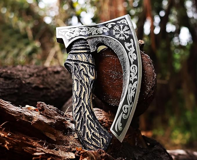 Viking Pizza Cutter Hand Forged Hatchet Mini Axe | Carbon Steel Slicer Chef Axe with Leather Sheath | Premium Pizza Oven Accessories for Camping Hunting &amp Gifts for Men (Vk Pizza Axe)