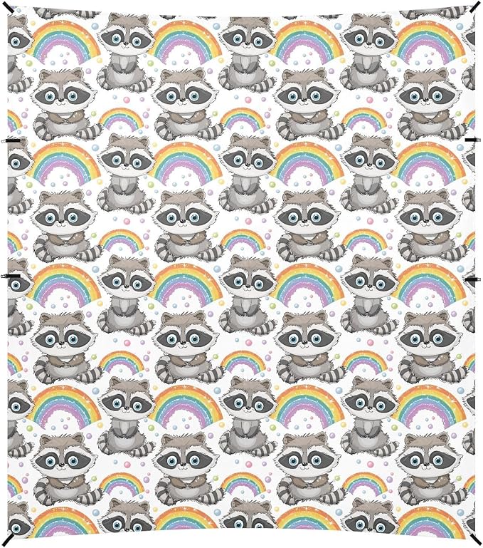 ALAZA Cute Raccoon Rainbow Cartoon Beach Tent Sun Shelter UPF50+ Protection Beach Shade Canopy w/ 4 Sandbags for Outdoor Camping Fishing Backyard Fun Picnic 10x9 ft