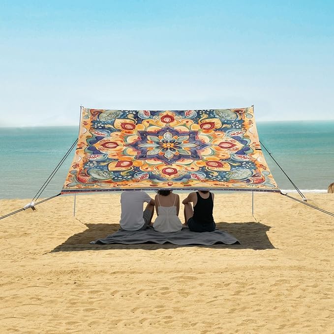 Bohemian Boho Vintage Mandala Style Flower Foldable Beach Canopy UPF50 Water-Resistant Portable Sun Shelter with Sturdy Poles Sandbags and Shovel for Backyard and Camping