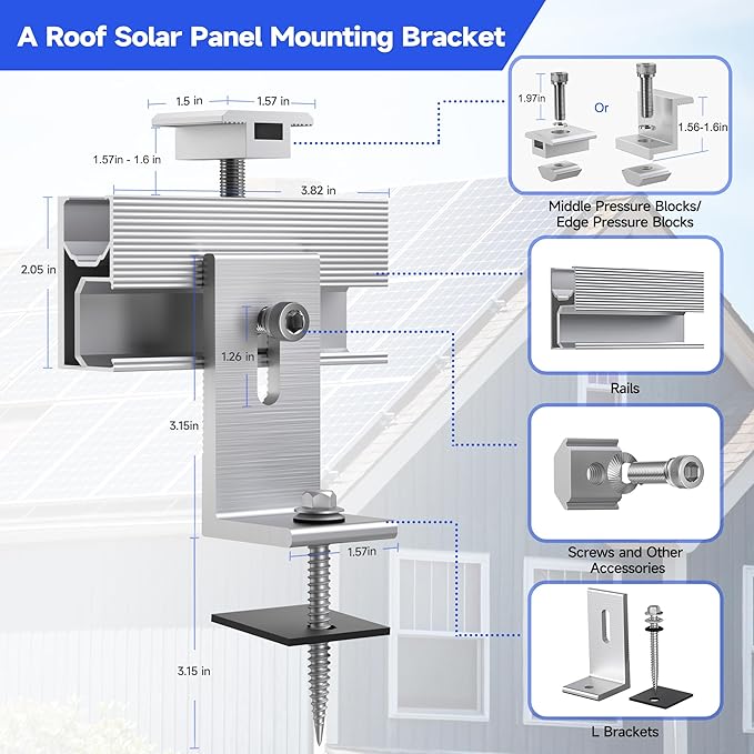 Solar Panel Mounting Brackets Kit 10Pcs Solar Roof Mount Kit for 1-4 Pieces Thickness 1.57-1.6” Solar Panels(100-400W) Aluminum Alloy Mount for Flat Pitched Roof Rack Mounting Brackets
