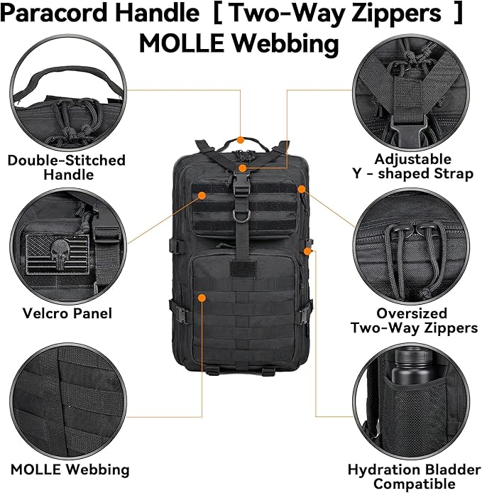 40L Military Tactical Backpack for Men Tactical Laptop Backpack with Molle Waterproof Army 3 Days Assault Pack &amp Bug Out Bag for Hiking (09-Black)