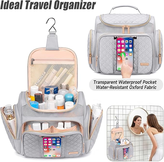 Large Toiletry Bag for Women MenBathroom BagWater Resistant Shower BagMakeup BagPortable Shower Caddy for College DormHanging Travel Toiletry Bag with Transparent Waterproof Phone Pocket