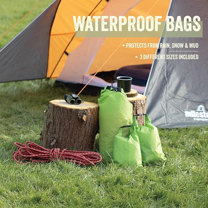 Milestone Camping Waterproof Dry Bags / Single Bag Or Set Of 3 / Roll Up Close / Easy To Spot Bright Green Or Orange Design / Great For Camping Fishing Skiing &amp Hiking Trips
