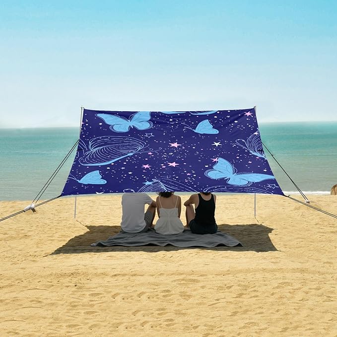 Beach Canopy with Windproof Ropes &amp Sandbags Beach Tent Sun Shade Sun Shelter for Camping Trips Fishing Backyard Fun or Picnics Butterfly