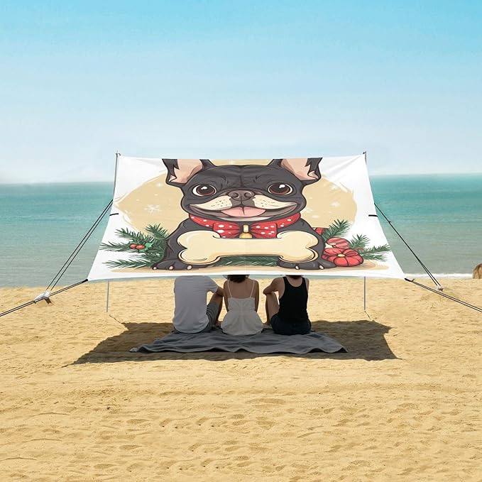ALAZA Merry Christmas Cartoon French Bulldog Bone Beach Tent Sun Shelter Portable Canopy Sunshade for Outdoor Camping Picnics Backyard Fun 10x9 ft