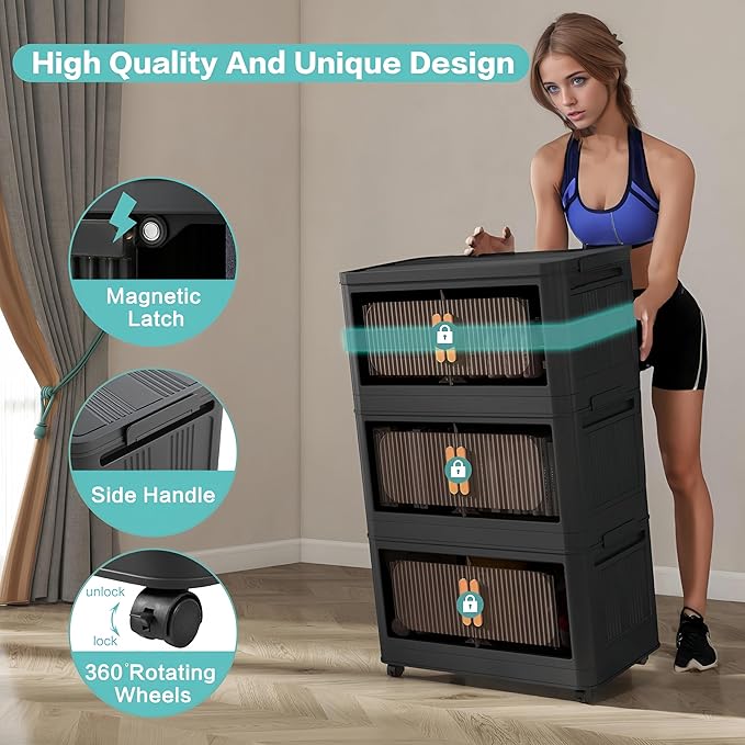 20 Side Wide Folding Storage Cabinet - Black 3-Tier Collapsible Storage Bin with Magnetic Door and Wheels for Home Office Organization
