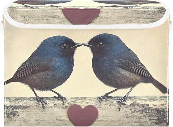 Storage Cube with Lid Valentine Birds Print 16.5×12.6×11.8 IN Collapsible Large Capacity Foldable Storage Basket Bin Organizer
