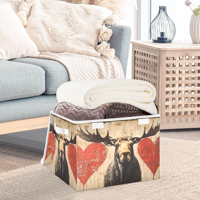 AIXIWAWA Lidded Storage Cube (Moose Valentine) Fabric Foldable Closet Bins with Flip Lid and Handles Organizer Basket Container 16.5 x 12.6 x 11.8 IN