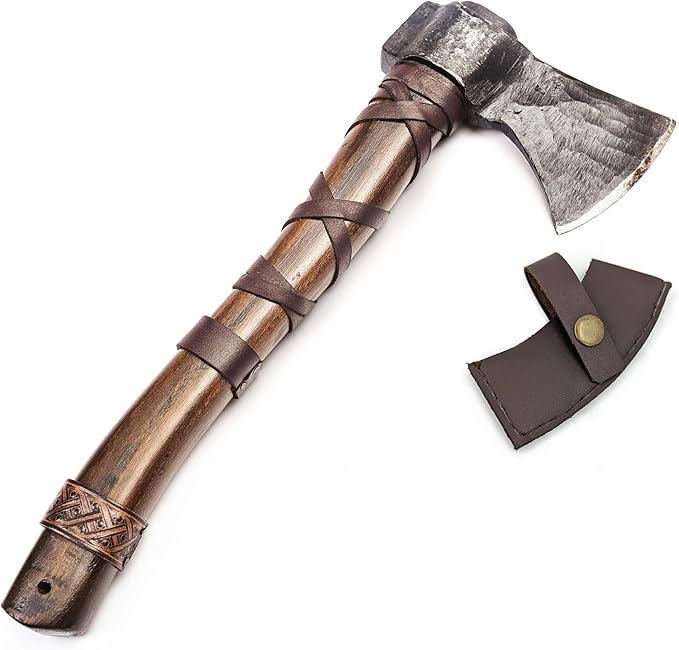 Norse Tradesman 14 Viking Throwing Axe - Carbon Steel Head Teakwood Handle Brown Regulation Size Includes Leather Sheath