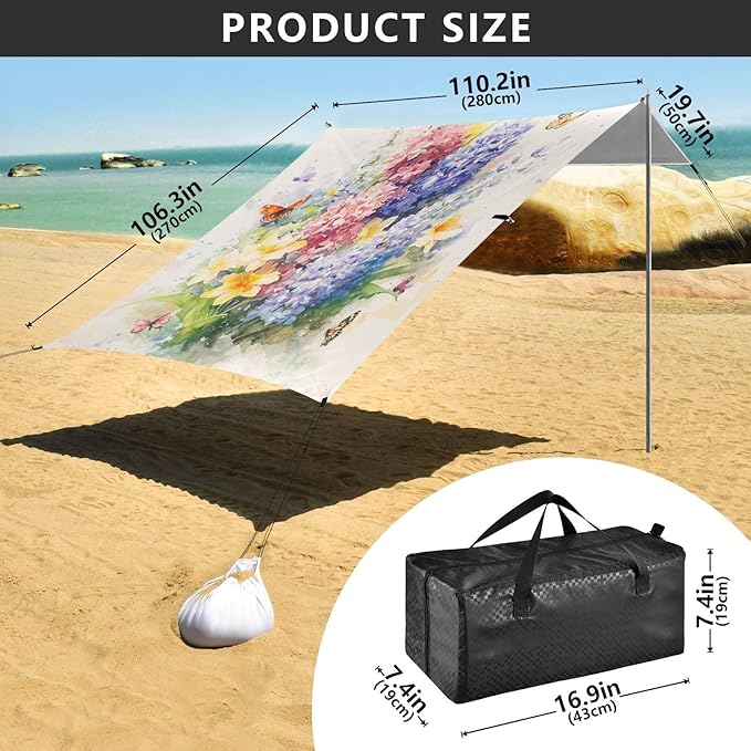 Summer Flowers Bouquet Butterflies Beach Tent &amp Canopy UPF50 Lightweight Sun Shelter with Carrying Bag for Camping Picnics Backyard &amp Fishing
