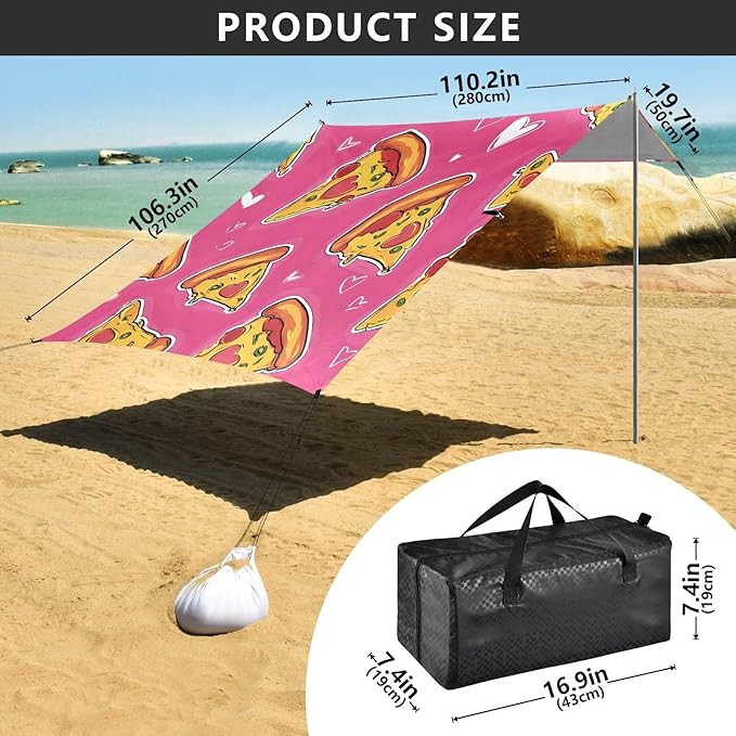 ALAZA Pink Love Pizza Pattern Beach Tent Sun Shelter Portable Canopy Sunshade for Outdoor Camping Picnics Backyard Fun 10x9 ft