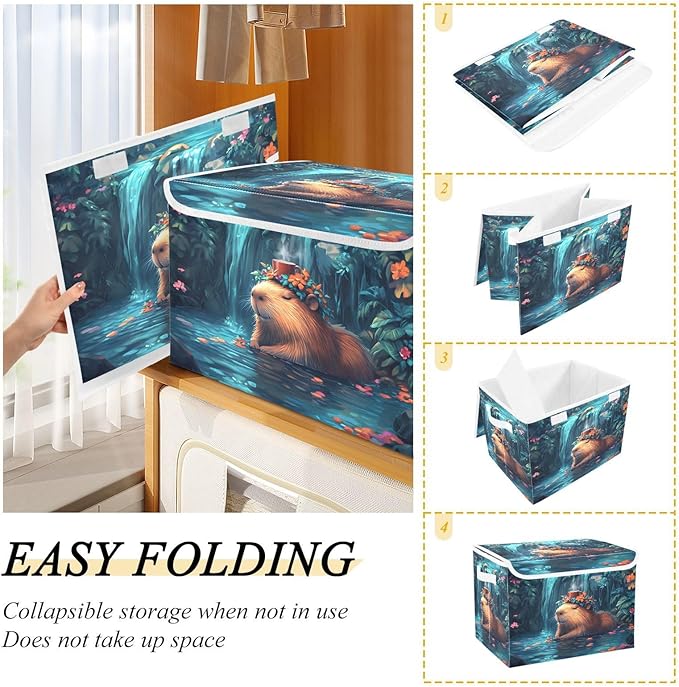 AIXIWAWA Lidded Storage Cube (Cute Peaceful Capybara) Fabric Foldable Closet Bins with Flip Lid and Handles Organizer Basket Container 16.5 x 12.6 x 11.8 IN