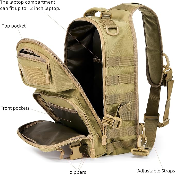 AMHEH 15L 1050D Tactical Sling Bag - Everyday Carry Crossbody Backpack with MOLLE and Concealed Back Pocket Fits 12 Laptop Tan