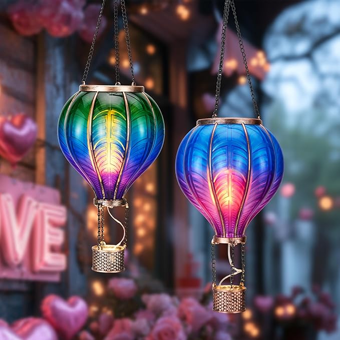 TERESA'S COLLECTIONS 2 Pack Hanging Solar Lantern Outdoor Garden Decor for Valentine Waterproof Plastic Hot Air Balloon Green Flickering Flame Effect Lantern for Yard Tree 18