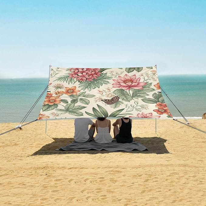 Tropical Botanical Floral Beach Tent Sun Shelter Set UPF50+ UV Protection 10.5 x 9.19 FT Camping Shade Canopy with Sandbags Sand Anchors Carrying Bag and Others