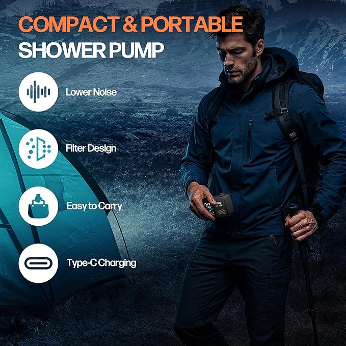 Mytrix Portable Camping Shower Pump with Foldable Bucket 10L/Min High Flow 7800mAh Rechargeable Battery 4 Spray Modes IPX8 Waterproof Outdoor Shower for Hiking Travel &amp Pets