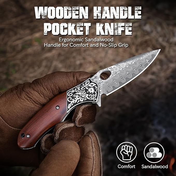 Damascus Pocket Knife for Men Wooden Handle and Sharp Damascus Steel Blade Folding Knives EDC Knifes for Outdoor Camping Hiking Collection