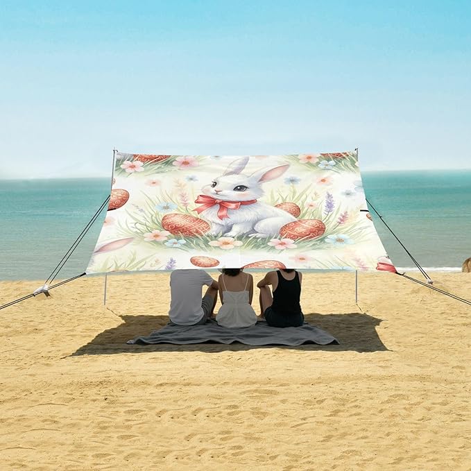 Beach Canopy with Windproof Ropes &amp Sandbags Beach Tent Sun Shade Sun Shelter for Camping Trips Fishing Backyard Fun or Picnics Easter Bunny