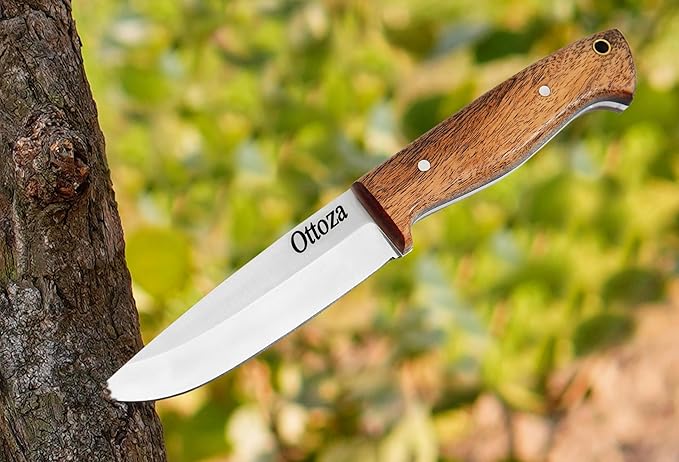 Ottoza Full Tang Bushcraft Knife with 1095 Carbon Steel Fixed Blade - Survival and Outdoor Camping Knife - Black Cross Draw Sheath and Musket Wood Handle 393