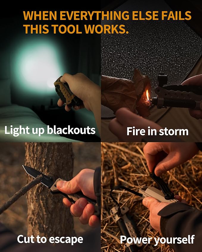 sayram Survival Multi Tool - 4-in-1 Tactical Knife Rechargeable Flashlight Pulse Arc Lighter Hand Crank Generator for Emergency Camping &amp Outdoor (Belt Sheath Included) (Green)