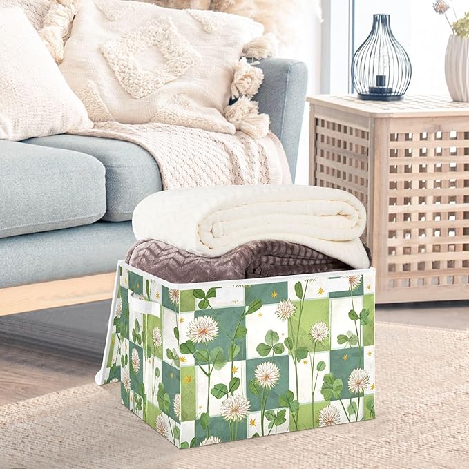 Green Floral Clovers Storage Box with Lid 1 PC Foldable Storage Bin with Lids Stackable Storage Bins Cube Closet Organizer Basket with Flip-Top Lid &amp Handles for Shoes Books Towels