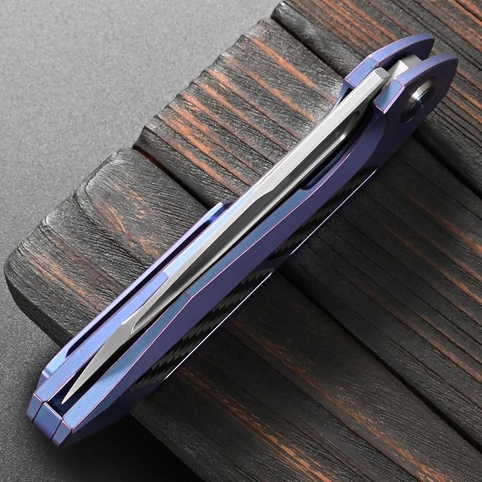 Sitivien ST996 Folding KnifeHandmade M390 Pearlescent Polishing BladeTitanium &amp Carbon Fiber Handle Pocket Knife for Outdoor CampingHikingHunting(Blue)