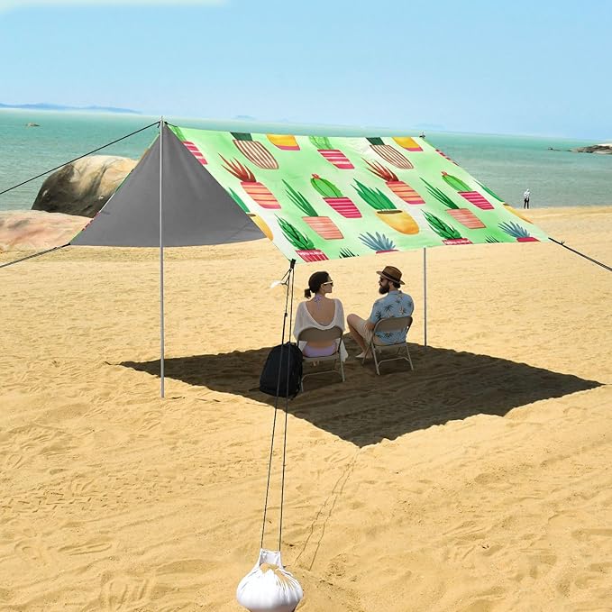 xigua Potted Plant Beach Tent Sun Shelter with Carrying Bag - Silver Coated Oxford Fabric Beach Canopy for Beach Camping Fishing - Includes Windproof Ropes Sandbags &amp Stakes