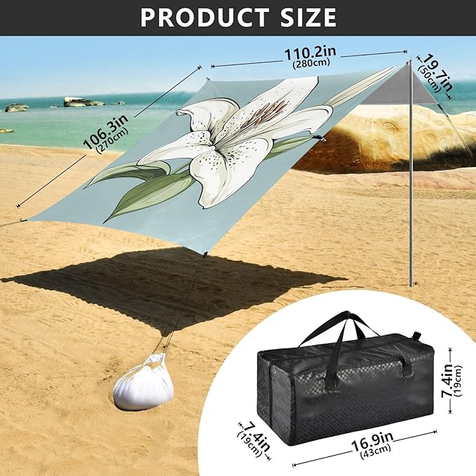 ALAZA Cute Doodle White Lily Beach Tent Sun Shelter Portable Canopy Sunshade for Outdoor Camping Picnics Backyard Fun 10x9 ft